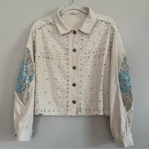 POL Studded Cream Jacket with Blue Floral Accents SIZE Small
